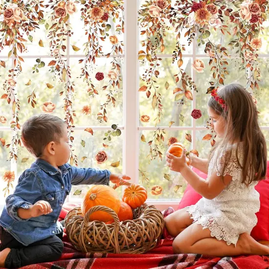 9 Sheets Fall Thanksgiving Window Clings Hanging Flower Vine Leaves {3}