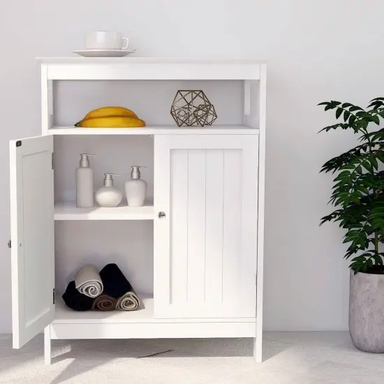 2-Door Bathroom Linen Cabinet with Storage Shelf in White Wood Finish {2}