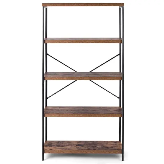 5 Tier Metal and Wood Shelf Bookcase with Black Iron Frame and Rustic Panels for Home Office Storage {1}