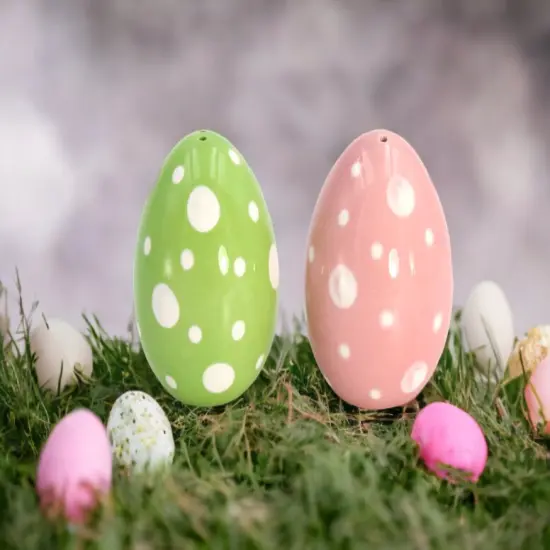 Ceramic Spotted Pink and Green Easter Egg Salt and Pepper Shakers, Gift for Her, Gift for Mom, Kitchen D&eacute;cor, Spring D&eacute;cor, Easter D&eacute;cor {1}