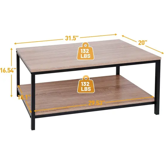 Modern Natural Wood 2-Tier Coffee Table with Storage Shelf and Black Metal Frame for Living Room {3}