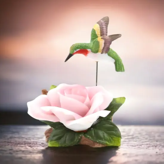 Ceramic Hummingbird with Pink Rose Flower Figurine, Home D&eacute;cor, Gift for Her, Gift for Mom, Kitchen D&eacute;cor, Birdwatcher Gift {1}
