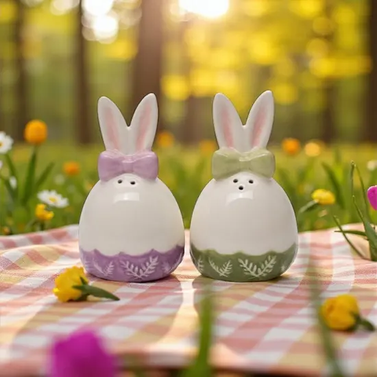 Ceramic Easter Egg Shaped Bunny Rabbit Ears Salt and Pepper Shakers, Spring Decor, Easter Decor, Gift for Her {1}