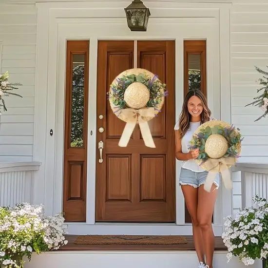 16 Inch Summer Straw Hat Wreath with Bow - Green {3}