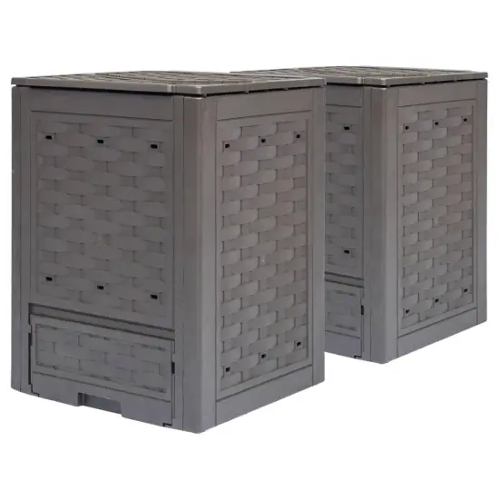 Set of 2 Brown Plastic Rattan Outdoor Compost Bins Set with Dual Access Doors {1}