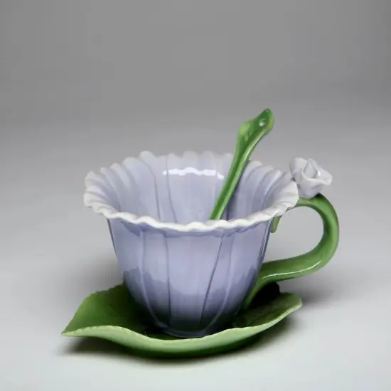 Ceramic Dahlia Flower Cup and Saucer and Spoon-2 Sets, Gift for Her, Gift for Mom, Gift for Friend or Coworker, Tea Party Décor, Café Decor {3}