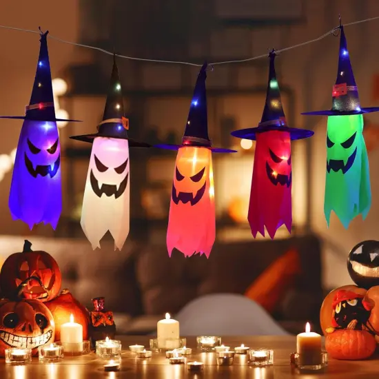 10ft String of 5 Lighted Hanging Ghost with Witch Hats {4}