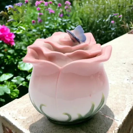 Ceramic Pink Rose Flower With Butterfly Jewelry Box, Home D&eacute;cor, Gift for Her, Gift for Mom, Vanity D&eacute;cor, Wedding Table D&eacute;cor {1}