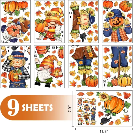 Fall Scarecrow Gnome Window Clings 9 Sheets, Autumn Pumpkin Maple Leaves Stickers {2}