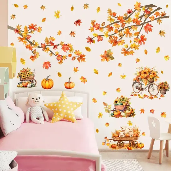 Maple Leaves Wall Decals - Fall Tree Branch Stickers With Yellow Leaf {4}
