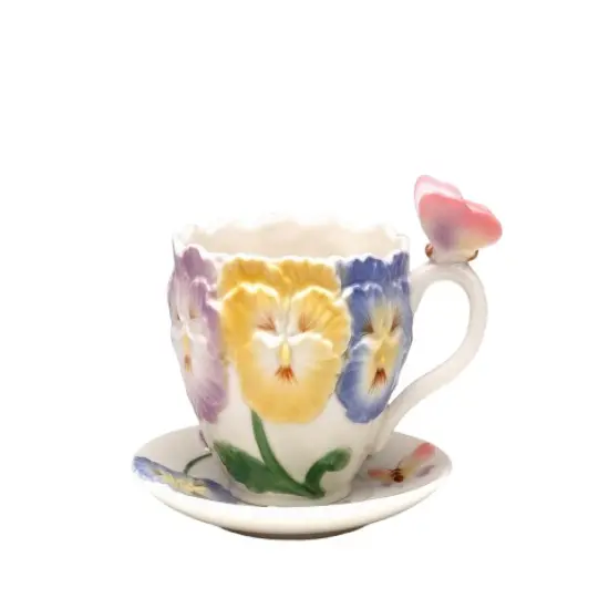 Ceramic Pansy flower with butterfly cup and saucer, Gift for Her, Gift for Mom, Gift for Friend or Coworker, Tea Party Décor, Café Decor {3}