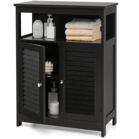 Bathroom Floor Cabinet with Louvered Doors and Open Shelf, Adjustable Storage Organizer Black {1}