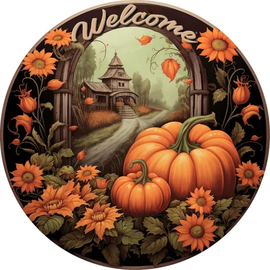 8x8 Inch Round Tin Metal Sign - Spooky Pumpkin {3}