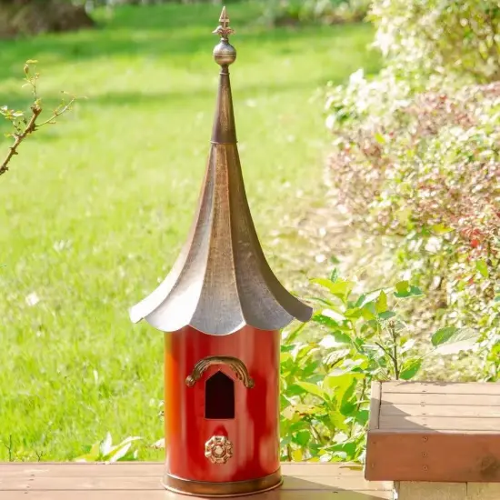 Red Metal Birdhouse with Copper Bronze Gramophone Roof, Oversized Pagoda Design {4}