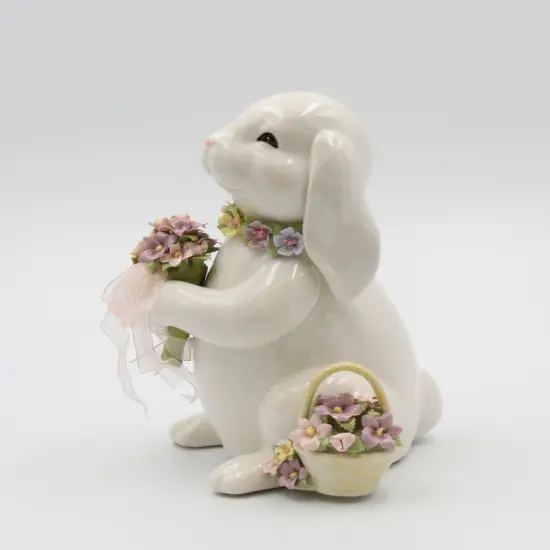 Springtime Bunnies: Easter Bunny Rabbit Holding a Flower Bouquet Music Box Playing "What A Wonderful World", Spring decor {2}