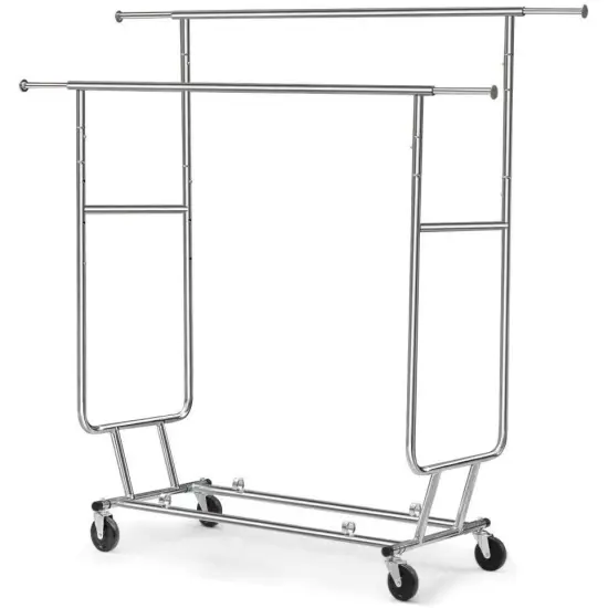 Heavy Duty Double Bar Clothes Hanging Garment Rack on Lockable Wheels {1}