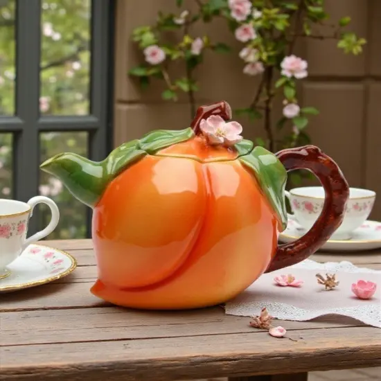 Ceramic Peach Teapot, Gift for Her, Gift for Mom, Tea Party Décor, Café Décor, Farmhouse Kitchen Décor {2}