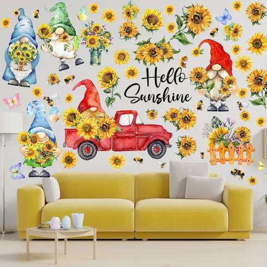 122 Pcs 6 Sheets Summer Wall Stickers Window Clings Gnome Sunflower Wall Decals {5}