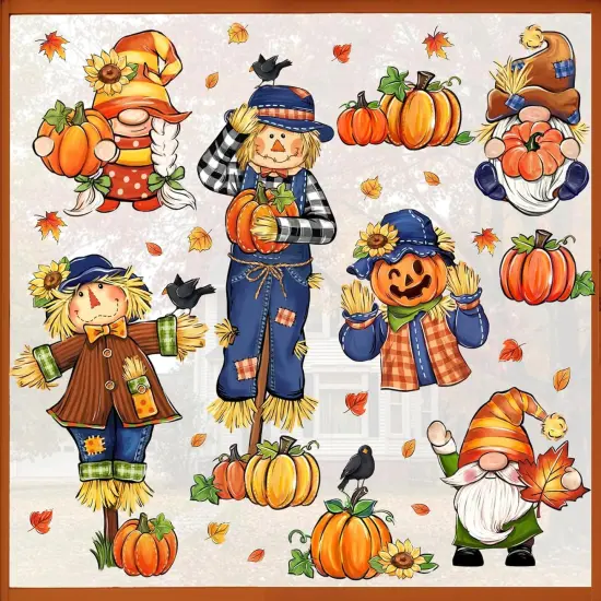 Fall Scarecrow Gnome Window Clings 9 Sheets, Autumn Pumpkin Maple Leaves Stickers {1}