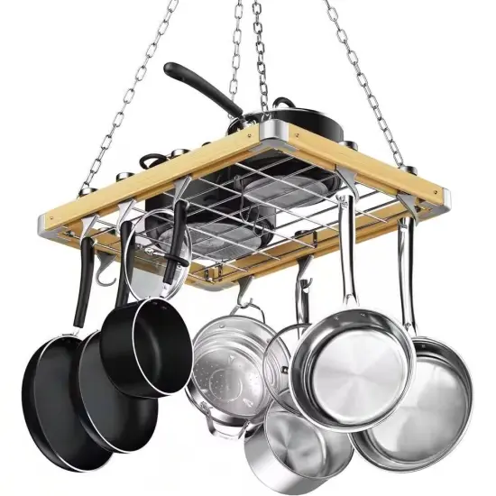Rectangular Metal Wood Ceiling Pot Rack with Multiple Hooks {1}