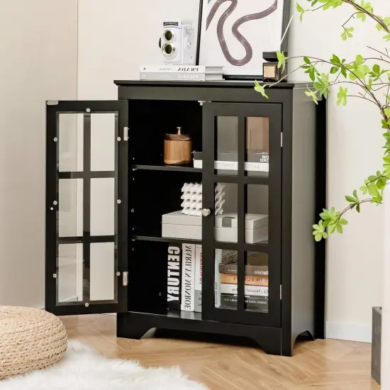 Black Bathroom Linen Cabinet with Glass Doors Adjustable Shelves Freestanding MDF Storage Organizer {4}