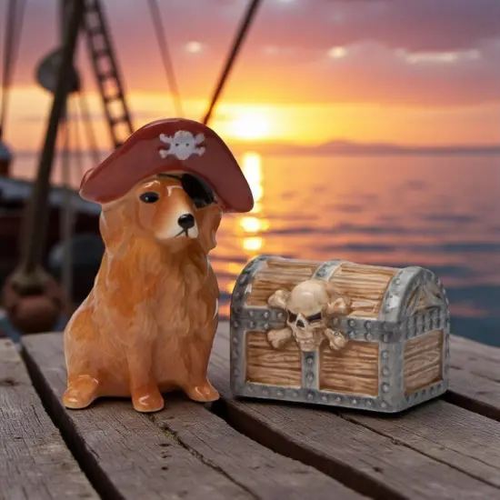 Ceramic Pirate Golden Retriever Dog & Treasure Box Salt & Pepper Shakers, Gift for Her, Gift for Mom, Kitchen D&eacute;cor, Dog Lover Gift {1}