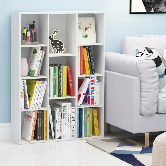 42" Freestanding White Wooden Bookcase with 11 Open Cube Storage Shelves and Closed Back {1}
