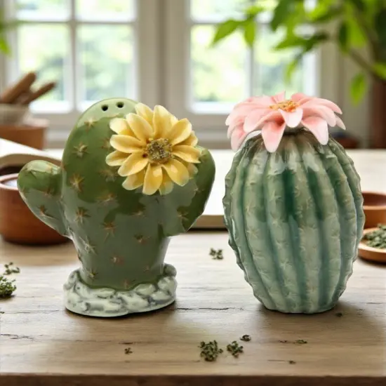 Hand Crafted Ceramic Cactus with Flowers Salt & Pepper Shakers, Home Décor, Gift for Her, Gift for Mom, Kitchen Décor, Dining Table Décor {1}