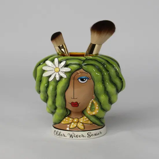 Ceramic African American Lady with Green Hair Makeup Brush or Pen Holder, Home D&eacute;cor, Gift for Her, Mom, Friend, or Coworker, Vanity D&eacute;cor {3}
