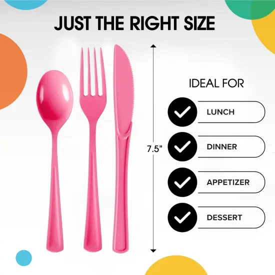 Exquisite Polished Plastic Silverware &ndash; 150 Pcs Heavy Duty Cutlery Set &ndash; 50 Each of Forks, Knives & Spoons &ndash; Disposable Utensil Set for Parties, Events & Catering &ndash; Flatware Set by Party Solids Hot Pink {3}