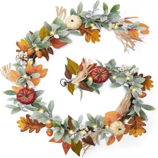 Lambs Ear Leaves Garland with Lights Pumpkins Fall Garland - White/Brown {1}