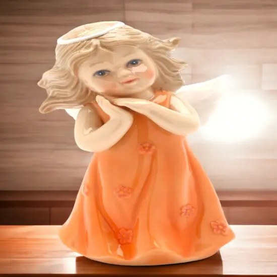 Ceramic Angel in Peach Orange Dress Figurine, Religious Décor, Religious Gift, Church Décor, Church Gift, Baptism Gift {2}