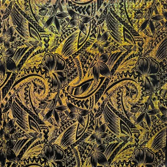 1 Yard Hibiscus Plumeria Polynesian Tattoo Polyester Foil Fabric, 36" x 60" Yard Unique Floral Shine for Apparel & Crafts Black & Gold {1}