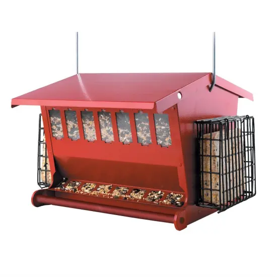 Red Metal House Bird Feeder with Steel Body, Double-Sided Suet and Seed Design {1}