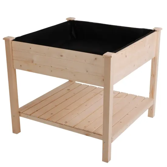 Brown Fir Wood Raised Planter Box with Shelf asnd Fabric Liner {1}