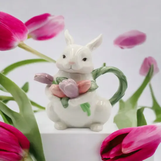 Ceramic Easter Rabbit with Tulip Flowers Teapot, Gift for Her, Gift for Mom, Tea Party D&eacute;cor, Caf&eacute; D&eacute;cor, Spring Decor {1}