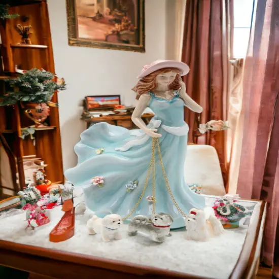 Ceramic Pretty Lady in Dress Walking Dogs Figurine, Home Décor, Gift for Her, Gift for Mom, Dog Lover Gift, Pet Loss Gift {1}