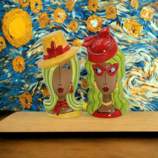 Ceramic African American Ladies Wearing Hats Salt and Pepper Shakers, Home D&eacute;cor, Gift for Her, Mom, Friend, or Coworker, Kitchen D&eacute;cor {2}