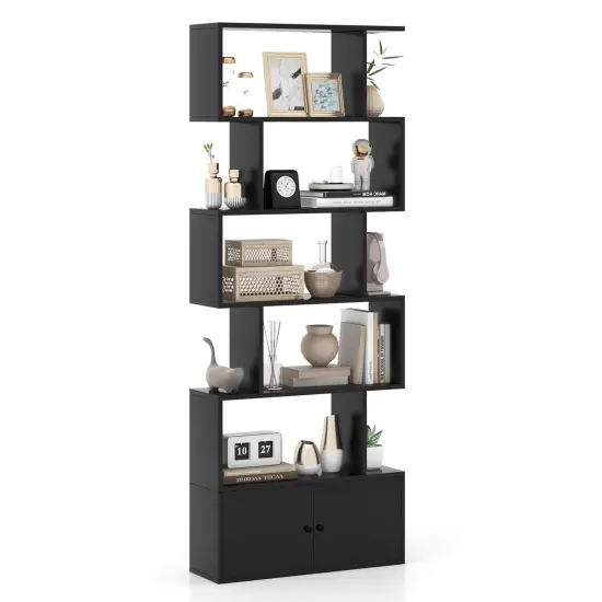 Costway Bookshelf with Cabinet 6-Tier S-Shaped Bookcase Storage Rack Rustic Brown/White/Black {8}