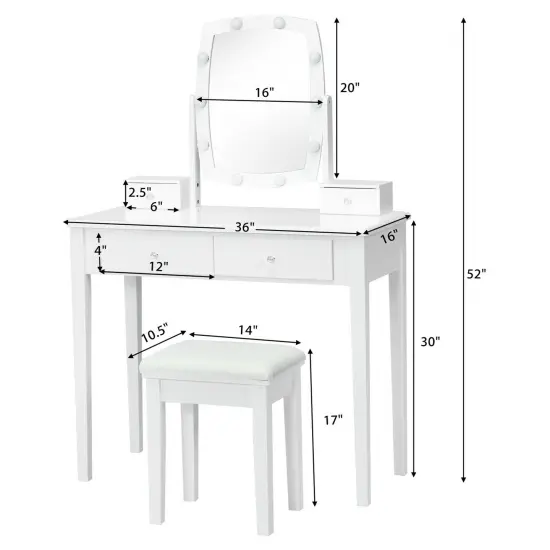 Costway Vanity Table Set with Lighted Mirror Adjustable 10 Bulbs Dresser 4 Drawer {3}