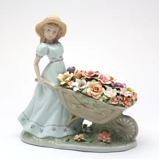 Ceramic Girl Pushing Flower Cart Figurine, Home D&eacute;cor, Gift for Her, Gift for Mom, Spring D&eacute;cor {3}