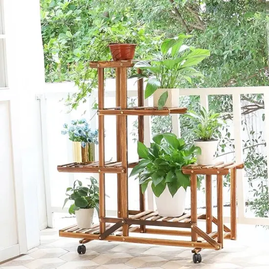 6-Shelf Wooden Plant Stand with Locking Wheels for Indoor Outdoor Use {1}