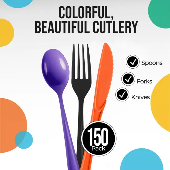 Exquisite Polished Plastic Silverware &ndash; 150 Pcs Heavy Duty Cutlery Set &ndash; 50 Each of Forks, Knives & Spoons &ndash; Disposable Utensil Set for Parties, Events & Catering &ndash; Flatware Set by Party Solids Halloween {2}
