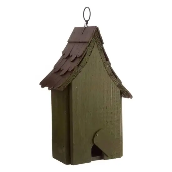 Dark Green Wood Hanging Birdhouse with Shingle Roof and Back Clean Out Panel {2}