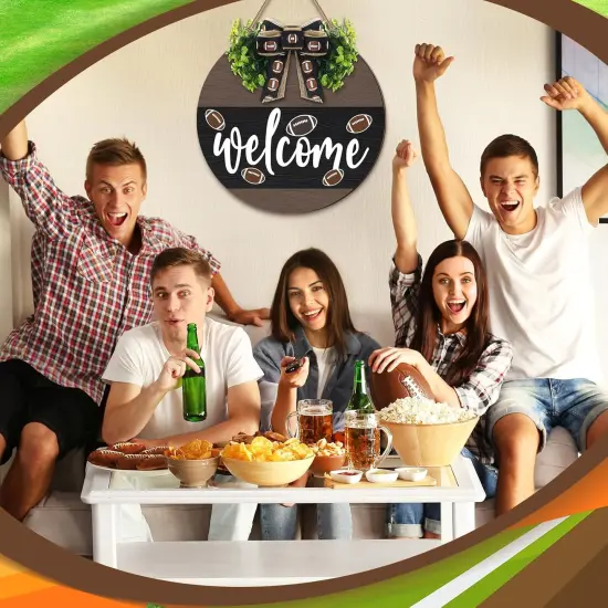 Hello Fall Football Sign for Front Door Thanksgiving Wooden Hanging Sign Fall Welcome Wreaths with Bow Turkey Farmhouse Wall Decoration for Home Autumn Harvest Front Porch Decor(Football) {4}