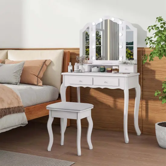 Costway Makeup Vanity Set with Tri-Fold Mirror & LED Lights 4 Drawers Open Shelf White/Black {9}