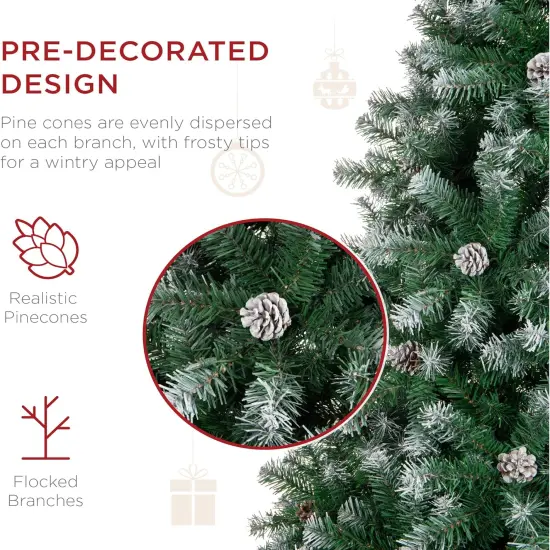Pre Decorated Flocked Christmas Tree Hinged Artificial Pine with Pine Cones & Easy Assembly {3}