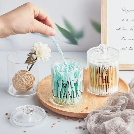 4 Pack Qtip Holder Dispenser with Lids and Labels - 10 oz Acrylic Apothecary Jars Plastic Bathroom Vanity Canister Organizer for Cotton Balls, Pads, Swabs, Floss (Clear) {5}
