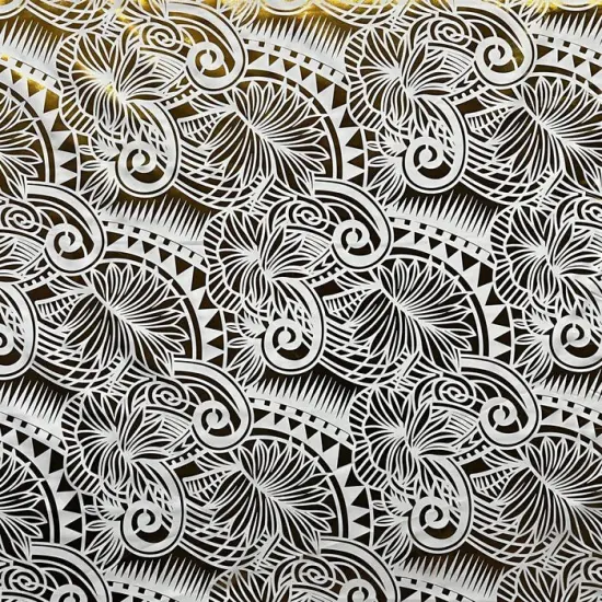 1 Yard Palm Leaves Traditional Tattoo Foil Fabric, 36" x 60" Foil Printed Polyester White & Gold {1}