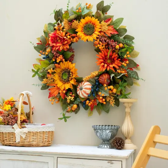 24 Inch Fall Autumn Wreath with Pumpkins {4}